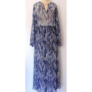 H&M BLUE WHITE LEAF BALLOON SLEEVE MAXI DRESS